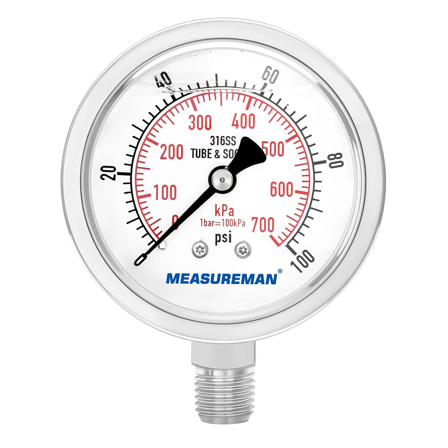 MEASUREMAN Fully Stainless Steel Hydraulic Glycerin Filled Pressure Gauge, 2-1/2" Dial Size, 1/4" NPT Lower Mount, 0-100psi/kpa