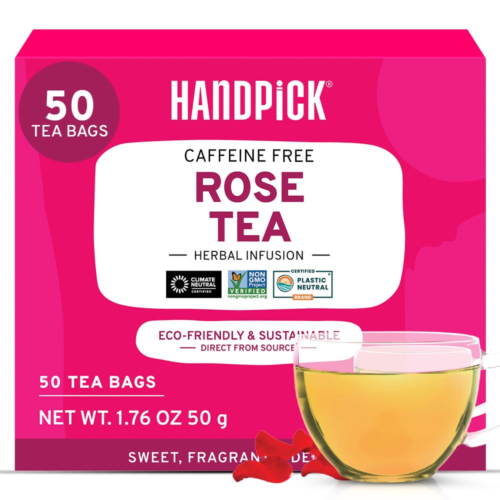 HANDPICK, Rose Buds Herbal Tea Bags - 50 Count | Caffeine Free Tulsi Tea with Chamomile & Rose Extracts | Floral & Smooth | Round Eco-conscious Tea Bags