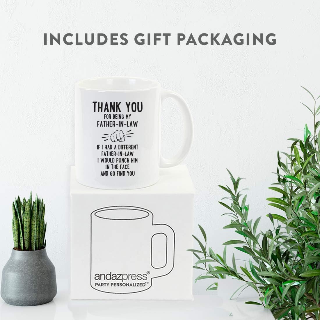 Andaz Press Funny Family 11oz. Coffee Mug Gift, Thank You for Being My Father-in-Law, Punch in Face, 1-Pack, Christmas Birthday Drinking Cup Present Ideas