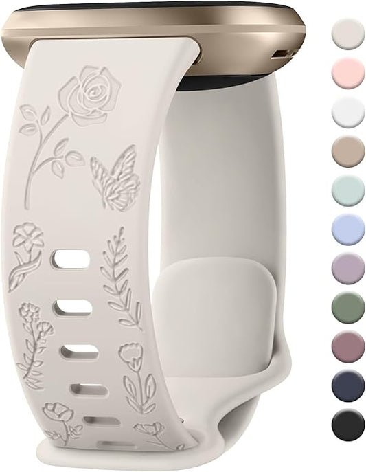 AK Floral Engraved Band Compatible with Fitbit Sense 2 / Sense Bands/Fitbit Versa 4 / Versa 3 Bands Women Men, Soft Sport Replacement Wristbands for Fitbit Sense 2 / Sense/Versa 4 / Versa 3 Smart Watch