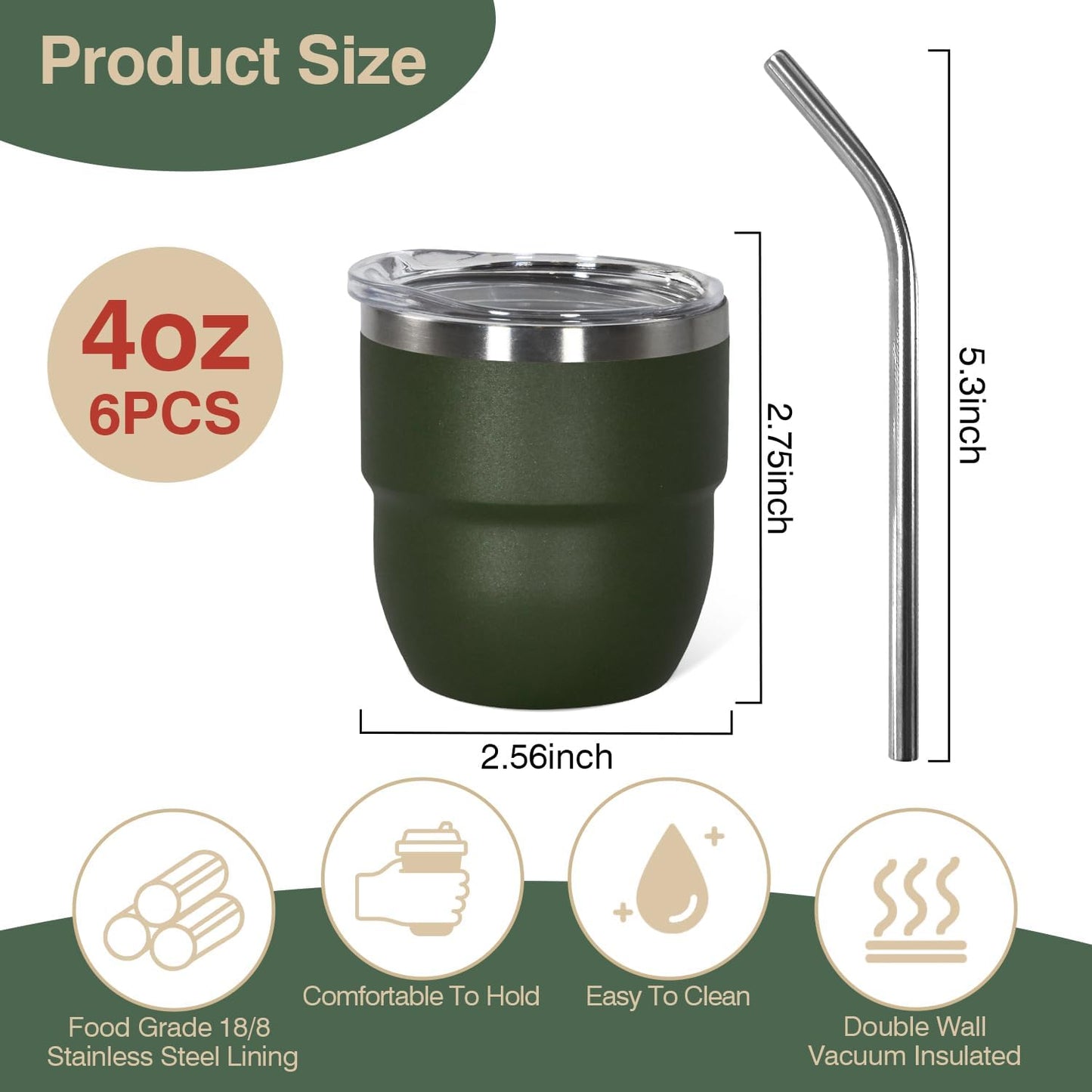 4oz Stackable Cup, Vacuum Insulated Espresso Cup Set of 6, Espresso Shot Cup for Coffee, Double Wall Stainless Steel Mini Tumbler Shot Glasses with Straw and Lid (A-green6P, 4oz)