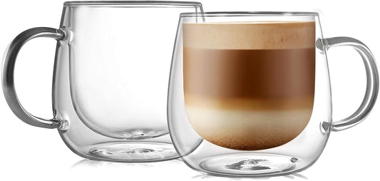 CNGLASS 16oz Double Walled Glass Coffee Mugs(2-pack),Large Clear Coffee Cups with Handle,Glass Espresso Mugs for Latte,Cappuccino,Tea