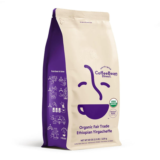 Coffee Bean Direct Organic Fair Trade Ethiopian Yirgacheffe, Whole Bean Coffee, Light Roast, 2.5 Pound Bag (Pack of 1)