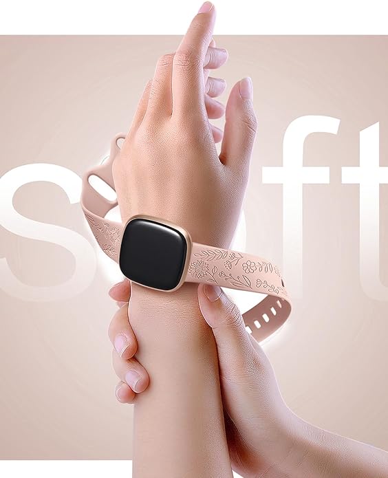 SNBLK 2 Pack Engraved Bands Only Compatible with Fitbit Versa 3/Fitbit Sense/Fitbit Versa 4/Fitbit Sense 2 Bands Four Models, Sunflower Rose Elegant Soft TPU Floral Pattern Replacement Strap Women