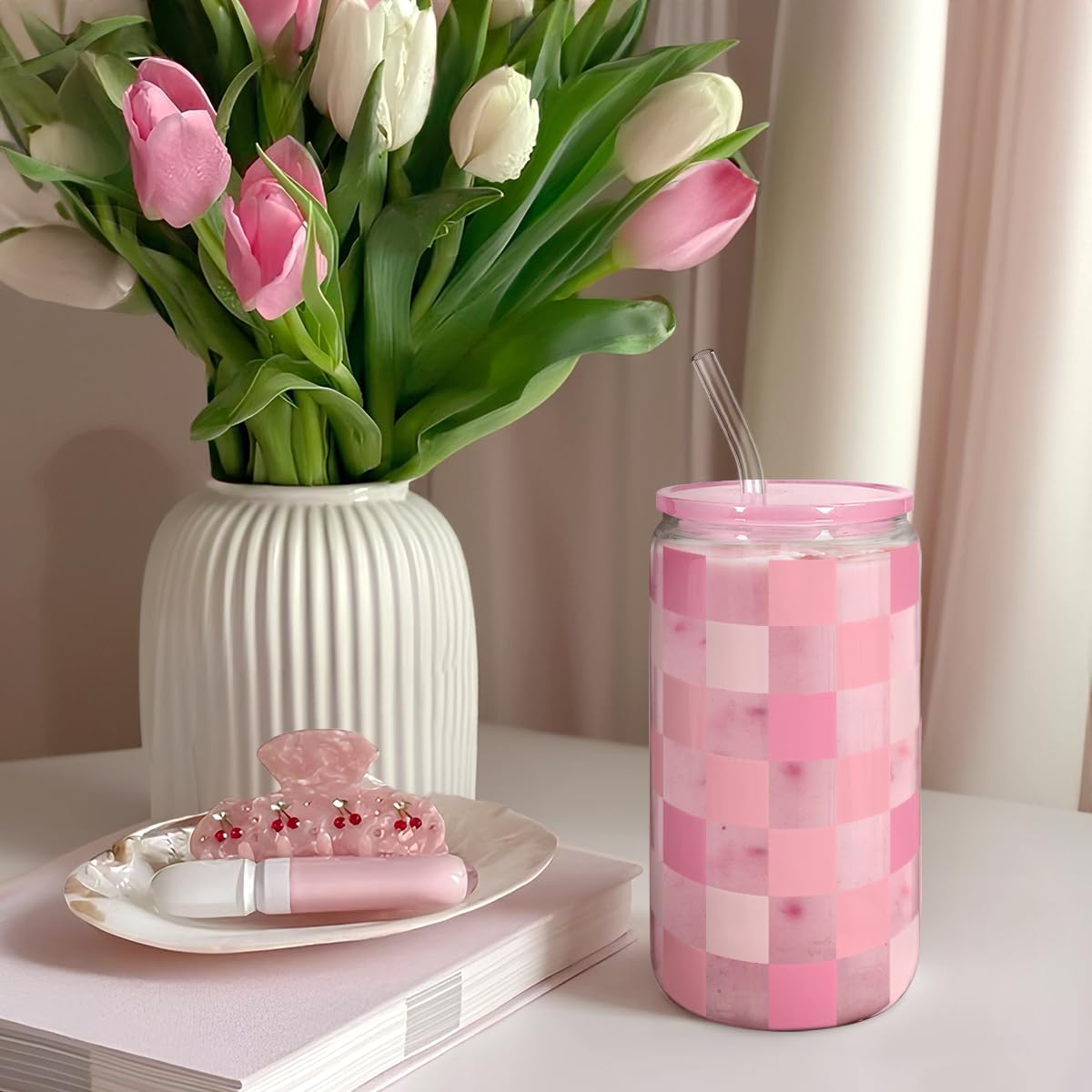 Checker 16 Oz Can Glass Tumbler with Acrylic Lid and Straw - Iced Coffee Cups for Women, Aesthetic Glass Cup Gift for Birthday Christmas