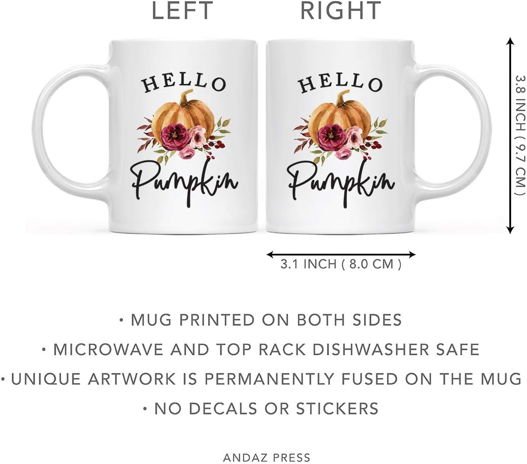 Andaz Press Fall Burgundy Marsala 11oz. Ceramic Coffee Tea Mug, Hello Pumpkin, 1-Pack, Pumpkin Floral Graphic, Birthday, Friend, Family, Coworker, Autumn Season, Festive Holiday Ideas