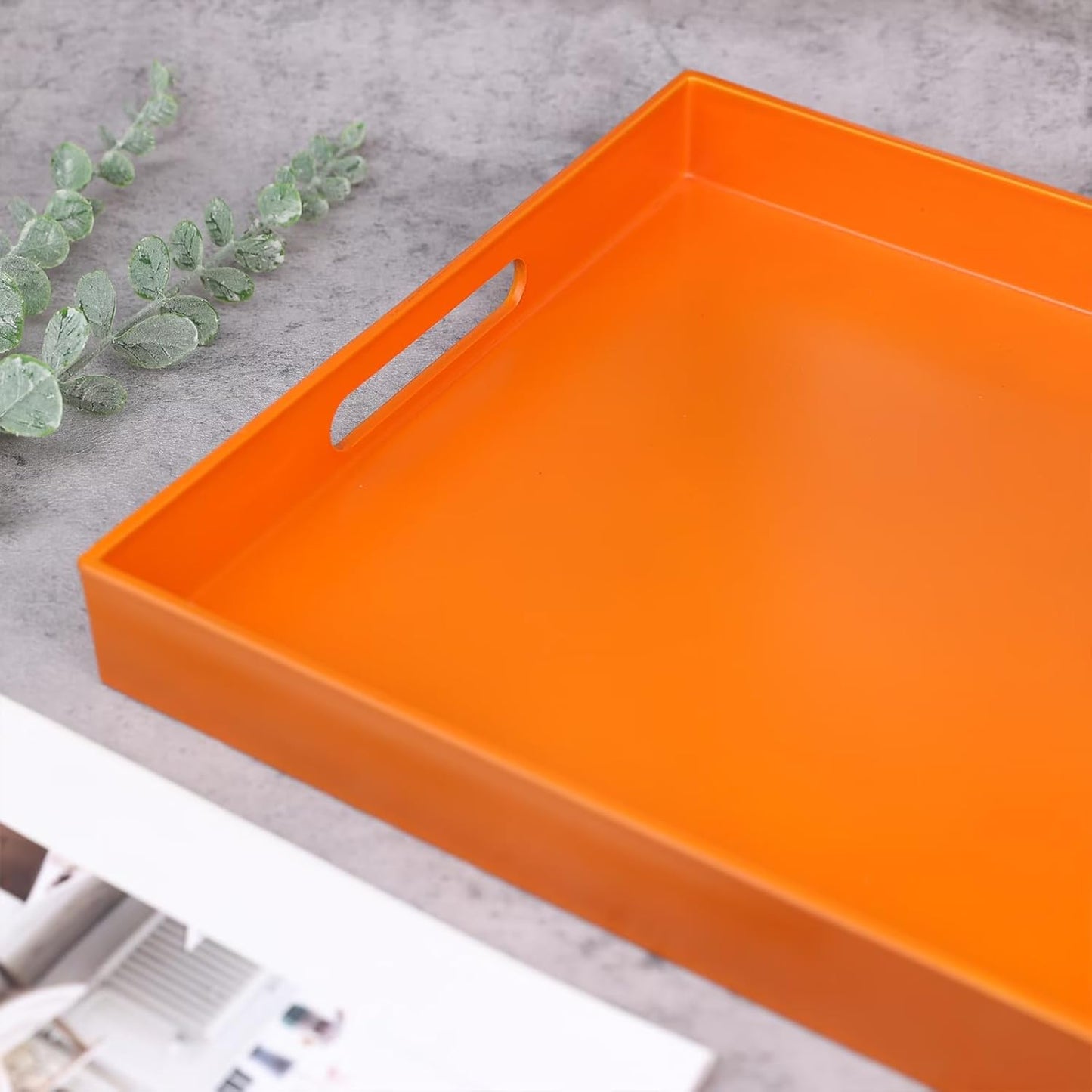 Ornage Serving Tray for Coffee Table, Rectangular Plastic Decorative Tray with Handles for Entertaining, Outdoor Patio, Living Room, Ottoman, Bathroom Counter, 11.8”*15.7”*1.6”