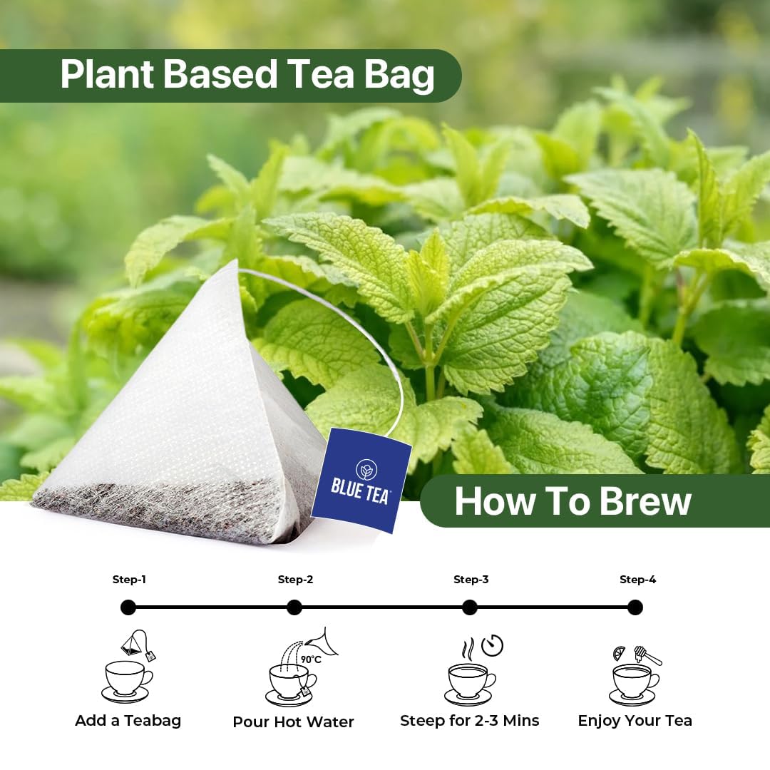 BLUE TEA - Lemon Balm Tea - 30 Count - Pyramid Plant Based Tea Bag | RELIEVES STRESS - IMPROVES DIGESTION | Reduces Bloating | Refreshing Citrus Flavour - Leaf Based - Caffeine Free | Tin Pack