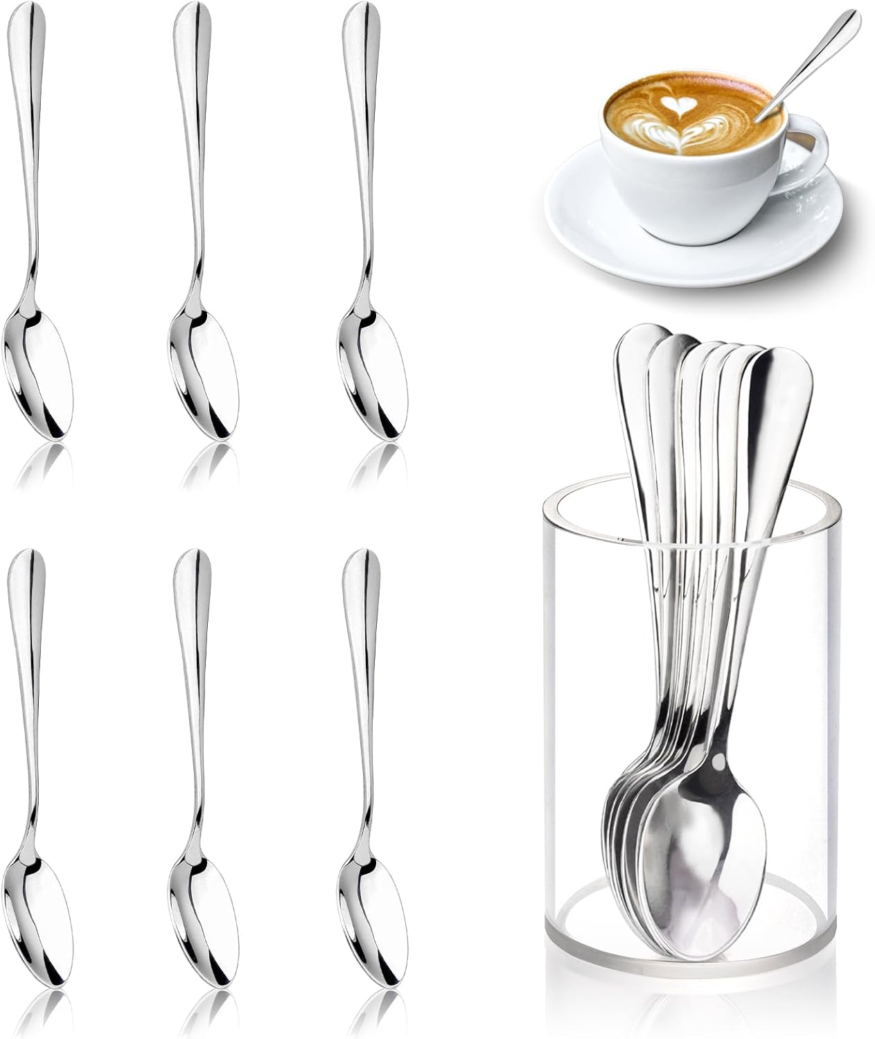 6 Pcs Mini Coffee Spoons with Holder 4.7 inch Demitasse Espresso Stainless Steel Spoons Silver with Acrylic Cylinder Holder for Coffee Bar Home Tea Party (6)