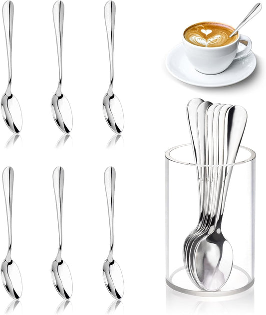 6 Pcs Mini Coffee Spoons with Holder 4.7 inch Demitasse Espresso Stainless Steel Spoons Silver with Acrylic Cylinder Holder for Coffee Bar Home Tea Party (6)