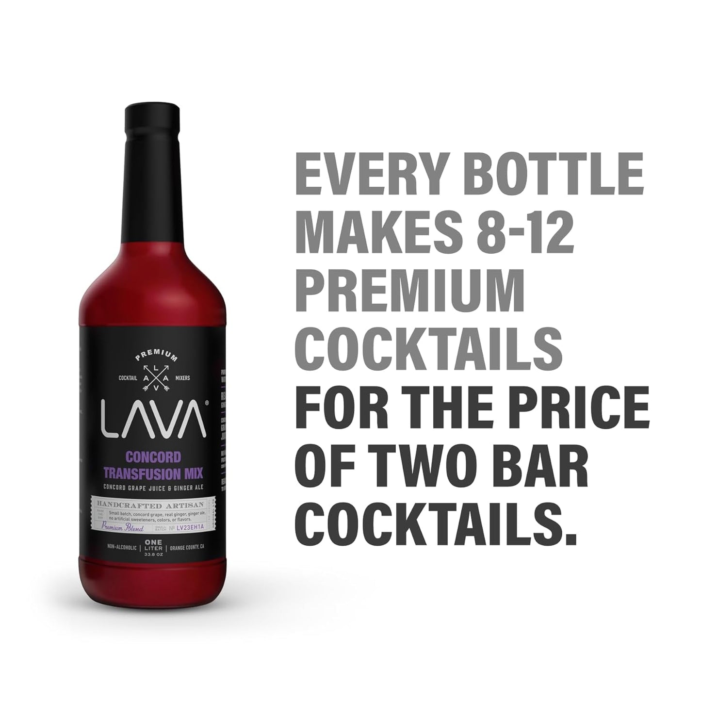 (3 Pack) LAVA Premium Concord Transfusion Mix made with concord grape juice, real ginger, ginger ale, no artificial sweeteners, 1-Liter (33.8oz) Glass Bottle, Ready to Use.