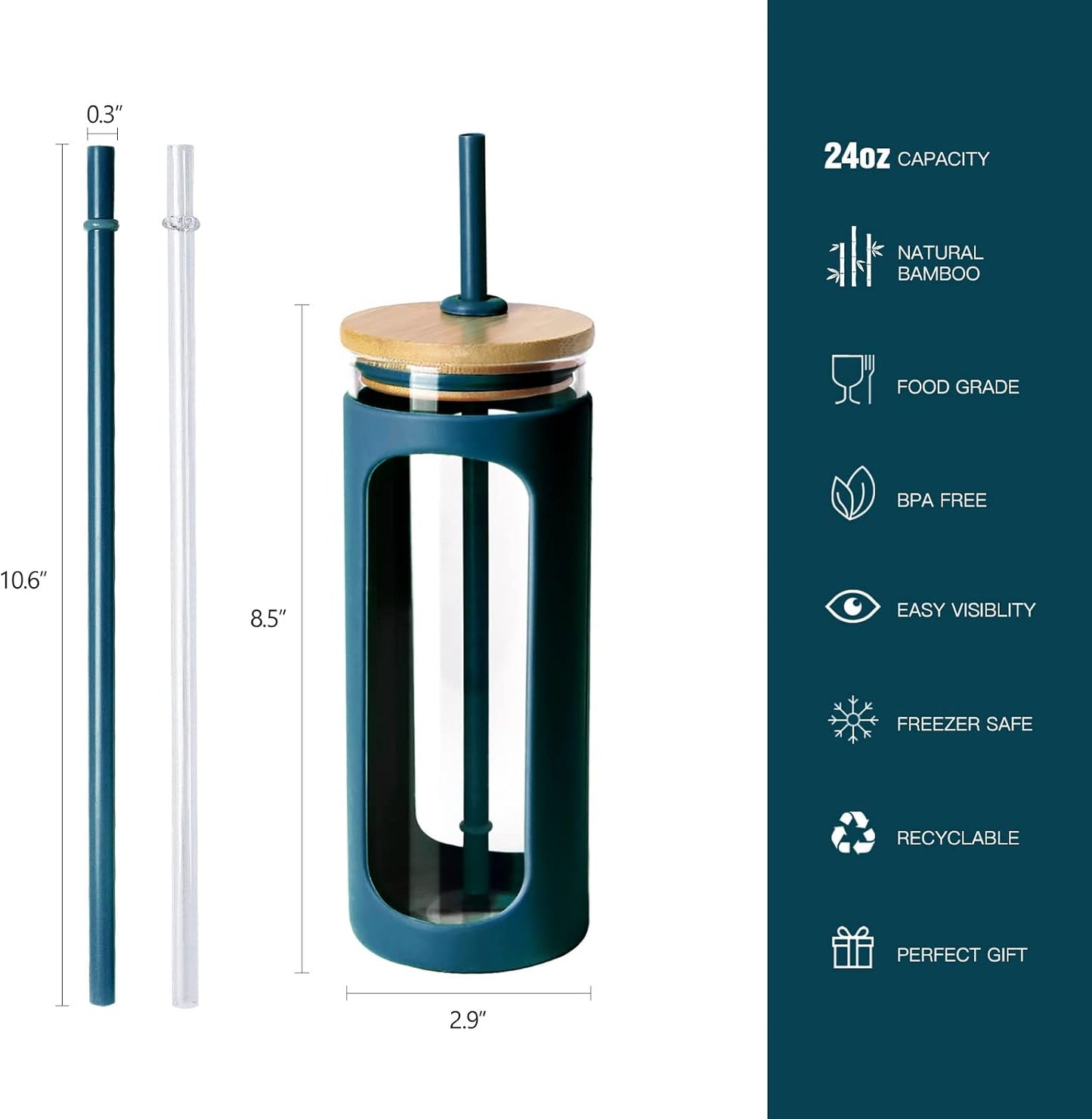Kodrine 20oz Glass Tumbler with Straw and Lid, Iced Coffee Cups with Bamboo Lids, Glass Cups for Cold Drinks, Smoothie Cup with Silicone Sleeve for Travel, Work, BPA FREE-RoyalBlue
