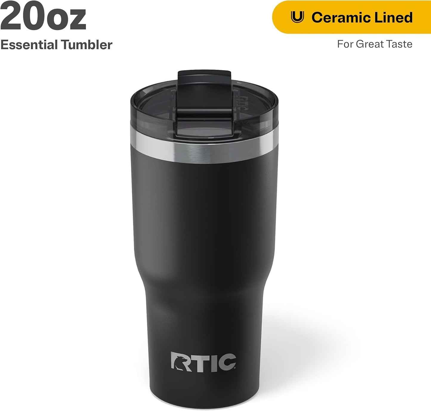 RTIC 20oz Essential Tumbler with Lid, Insulated, Stainless Steel, Metal, Double Wall Vacuum-Insulation, Ceramic Lined, Travel Cup for Iced Coffee, Tea, Hot and Cold Drink, Black