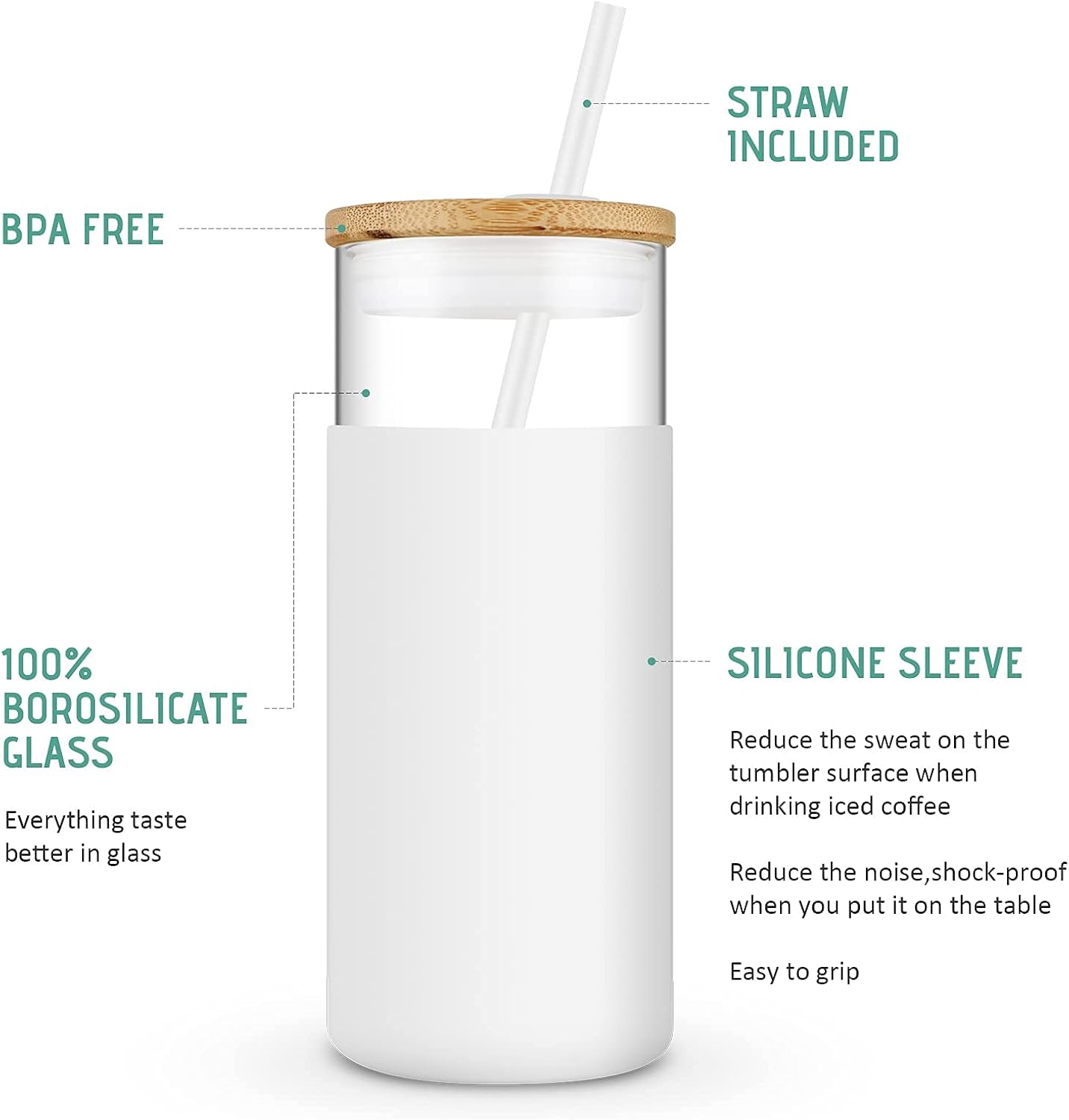 Tronco 20 oz Glass Tumbler Glass Water Bottle Straw Silicone Protective Sleeve Bamboo Lid - BPA Free (Black Amber /2pack)