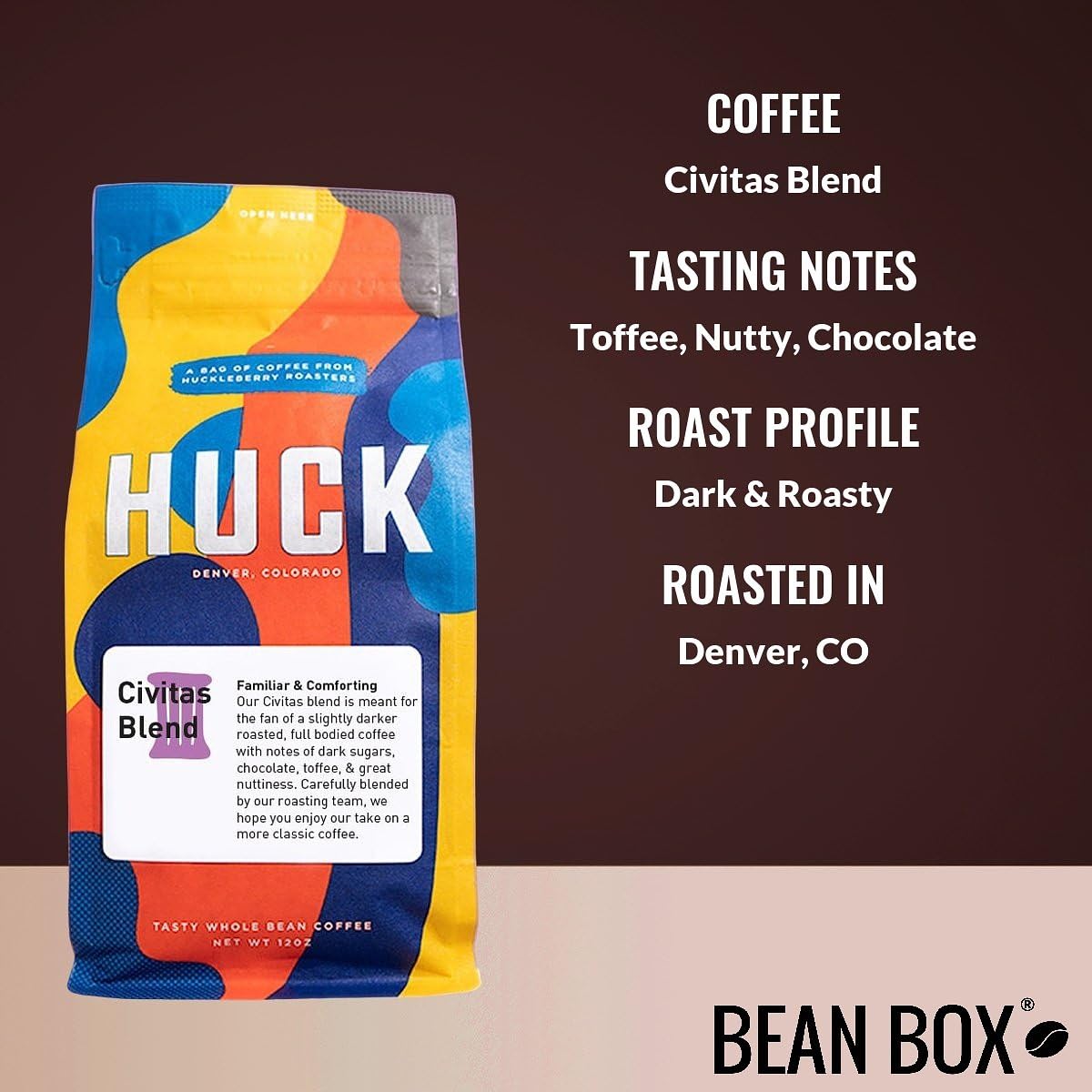 Civitas Blend - Roasted by Huckleberry Roasters - Whole Bean Coffee - 12 Ounce Bag