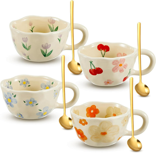 Vesici 4 Styles Cute Ceramic Flower Coffee Mug Set 8. 5 oz Vintage Aesthetic Porcelain Floral Tea Coffee Cup with Handle Dishwasher Microwave Safe for Woman Girls Gifts