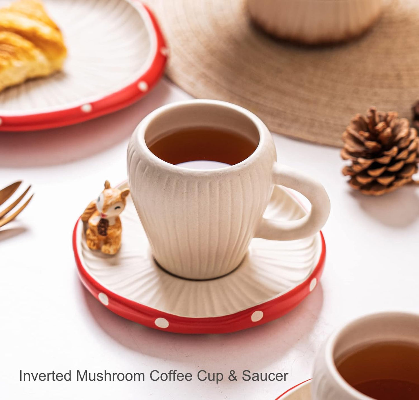 Cute Mushroom Mug with Saucer, Handmade Glaze Polka Dot, with Squirrel Decoration on the Plate. Safety Matt Ceramic Coffee Cups, 11 oz Cartoon Tea Cup. Best Gifts for Women & Girls.
