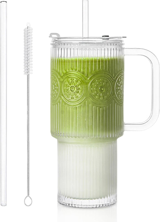 26oz Ribbed & Floral Glass Tumbler with Handle – Smoothie Cup with Lid & Straw – Reusable Iced Coffee Tumbler for Hot & Cold Drinks – Perfect for Smoothies, Matcha,Whiskey (Set of 1)