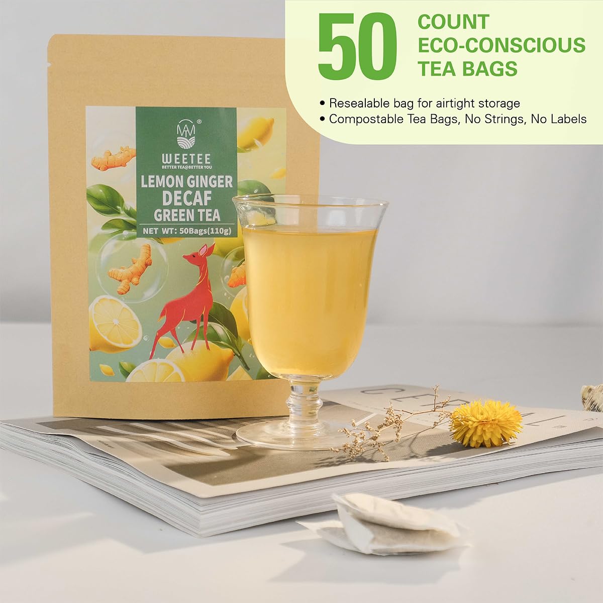 WT WEETEE Lemon Ginger Decaf Green Tea Bags 50 Counts, Made of Decaffeinated Green Tea, Ginger & Natural Lemon Flavor, Clean & Fresh
