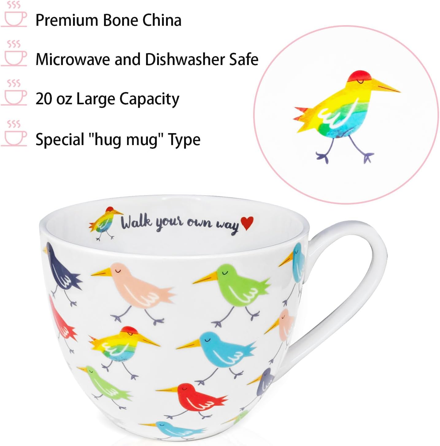 Birds Mugs for Daily Coffee and Tea, Premium 20 oz Bone China Coffee Tea Hug Mug, Perfect Holiday and Birthday Gift for Bird Lovers, Designed in England by Harvest Green Studio