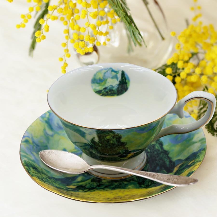 Floral Tea Cups Saucers Set of 2, Bone China 7 oz British Teacups Porcelain Coffee Cup for Rose Tea Cappuccino Espresso Latte (Starry Sky & Wheat Field)