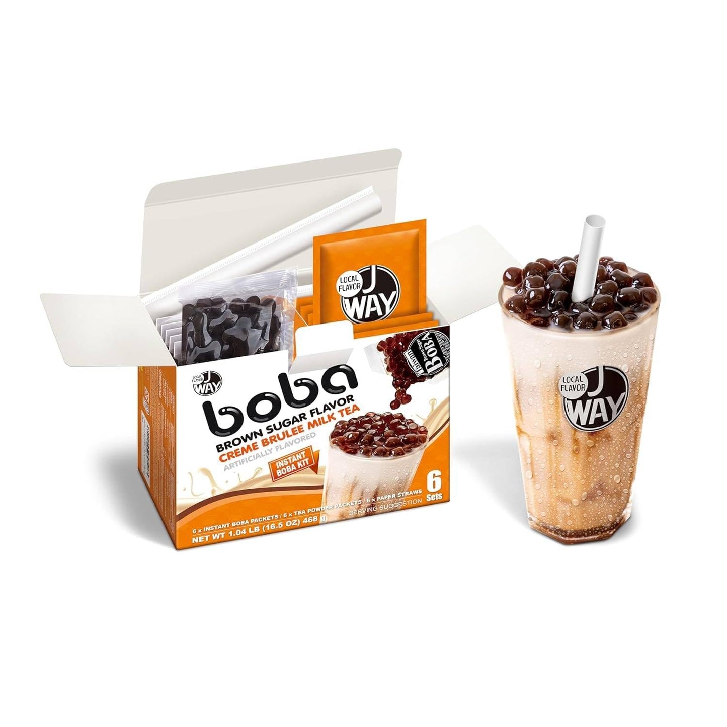 J WAY Instant Boba Bubble Pearl Milk Tea Kit with Authentic Crème Brulee Tapioca Boba, Ready in Under One Minute, Paper Straws Included - 6 Servings