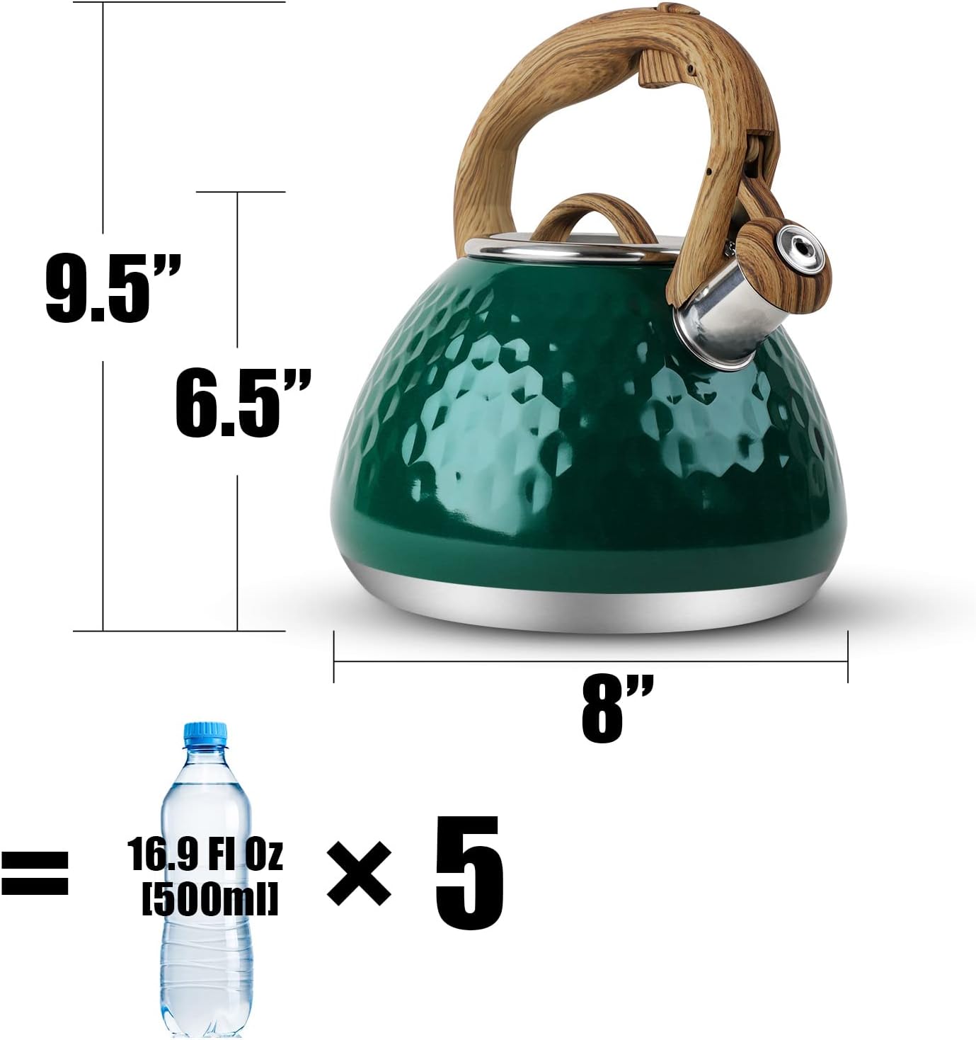 Tea Kettle, Toptier Teapot Whistling Kettle with Wood Pattern Handle Loud Whistle, Food Grade Stainless Steel Tea Pot for Stovetops Induction Diamond Design Water Kettle, 2.7-Quart Dark Green
