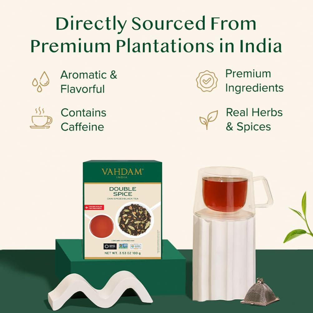 VAHDAM, Double Spice Masala Chai Tea (50+ Cups, 3.53oz) Strong, Robust & Spicy Blend - Black Tea CTC, Cardamom, Cinnamon, Cloves & Black Pepper | Pure Unblended Loose Leaf Tea | Vacuum Sealed