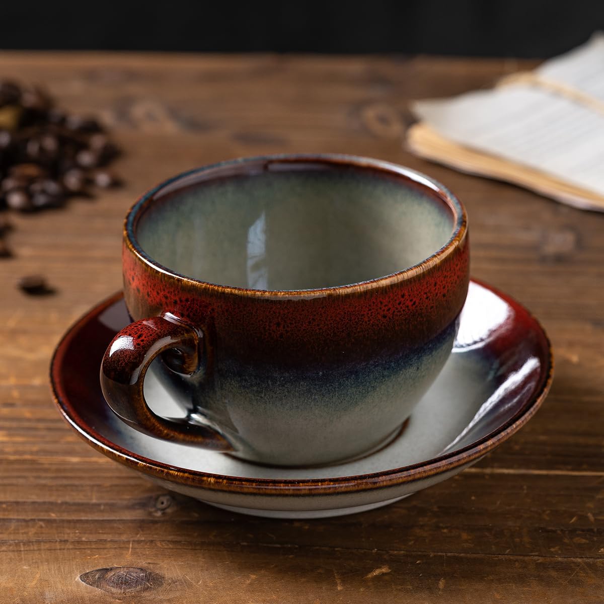 Porcelain Coffee Cup with Saucer Spoon Set, Vintage Design Ceramic Latte Art Cappuccino Barista Espresso Tea Cup with Saucer (11.6 oz, 350ml, Ink red)