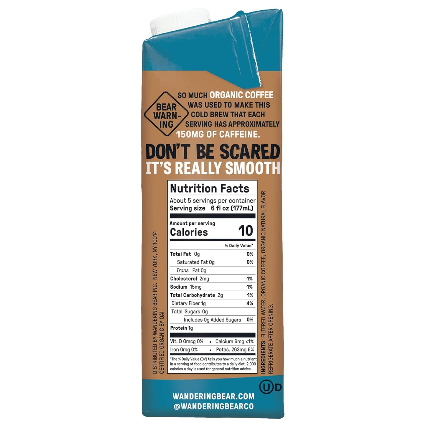 Wandering Bear Organic Vanilla Cold Brew Coffee, 32 fl oz, 6 pack - Extra Strong, Bold, Smooth, Unsweetened, Shelf-Stable, Ready to Drink, Gluten Free, & Vegan, Iced Cold Brewed Coffee Drinks