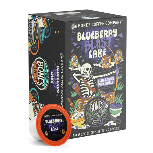 Bones Coffee Company Blueberry Blast Cake, Blueberry Pancake Flavored Coffee Pods, Low Acid Medium Roast Single-Serve Bones Cups, For 1.0 & 2.0 K-Cups Brewers Coffee Maker, 12 Count