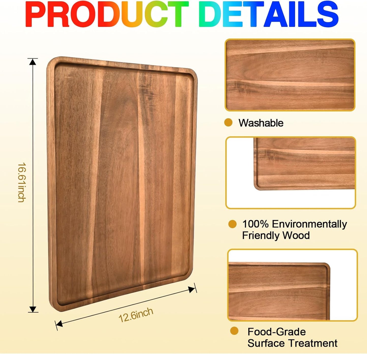 2 Pcs Acacia Wood Serving Tray, Rectangular Wooden Serving Platters Charcuterie Board, Large Wood Kitchen Display Tray for Food, Cookie, Dessert, Fruit, Snack, Vegetable, 16.6" x 12.6" x 0.6"