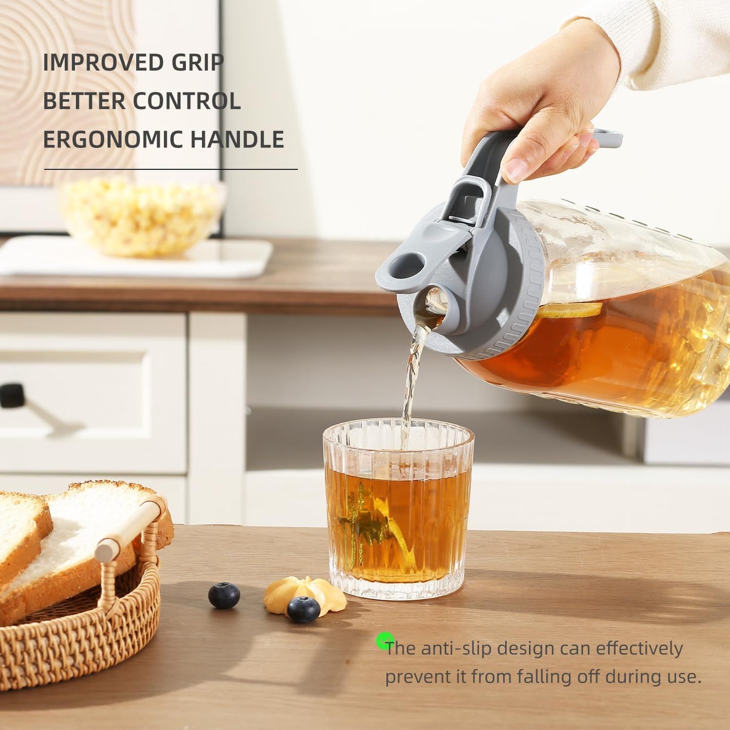 Glass Mason Jar Pitcher with Pour Spout Handle Lid, Breast Milk Pitcher Jug for Ice Tea, Cold Brew Coffee, Fridge Water, Juices, Leak Proof Storage Container