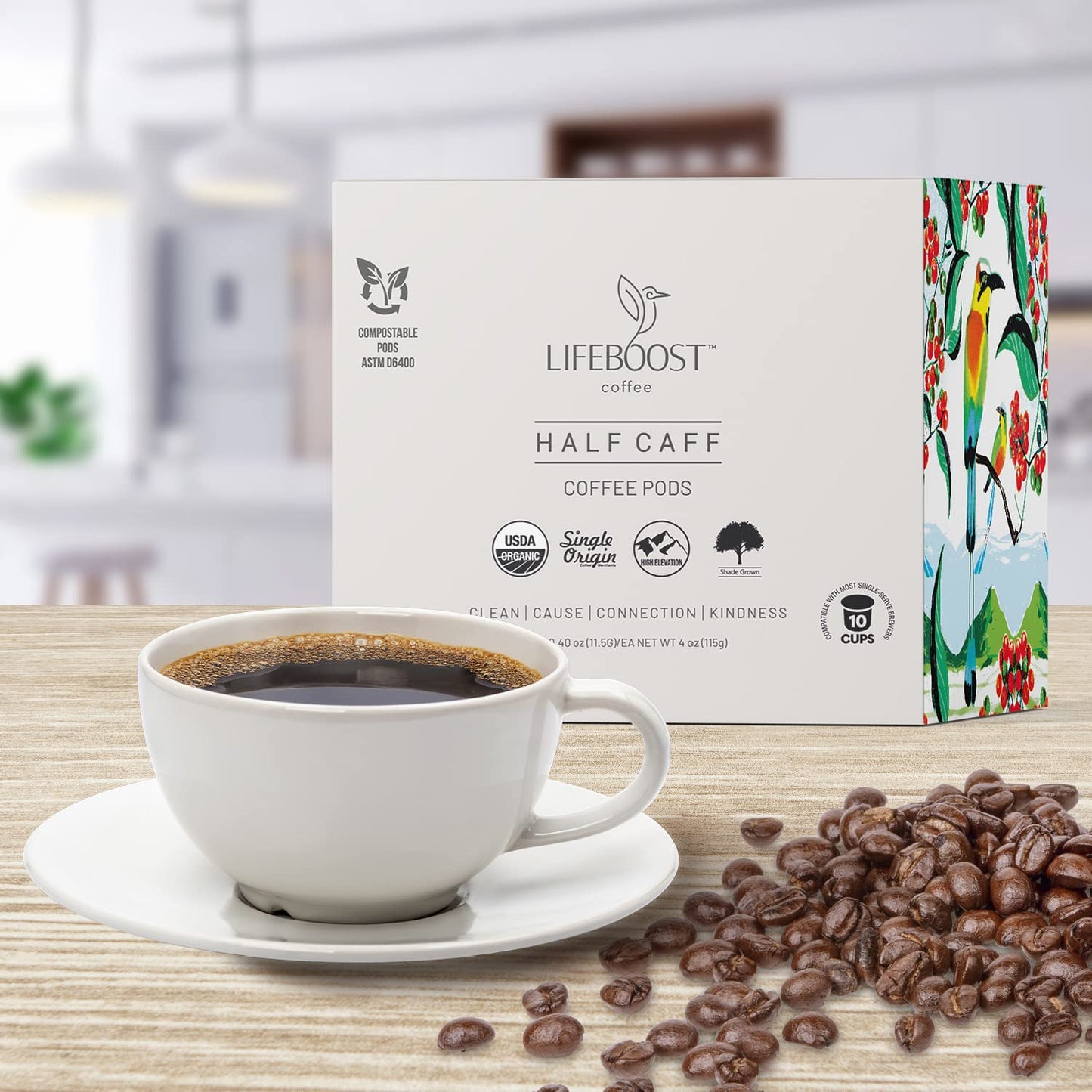 Lifeboost Half Caff Coffee K Cups - Low Acid Half Caff Coffee Pods - Single Origin Non-GMO Mold Free Pods Compatible with Keurig & Keurig 2 - No Mycotoxins or Pesticides - 10 Count