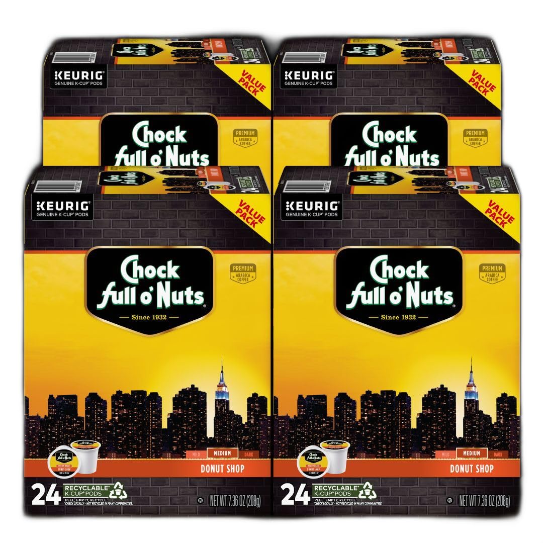 Chock full o’Nuts Donut Shop Keurig K-Cup Pods for Keurig Brewers – Premium Arabica, Medium Roast – Single Serve – 4 Packs of 24 K-Cup Pods