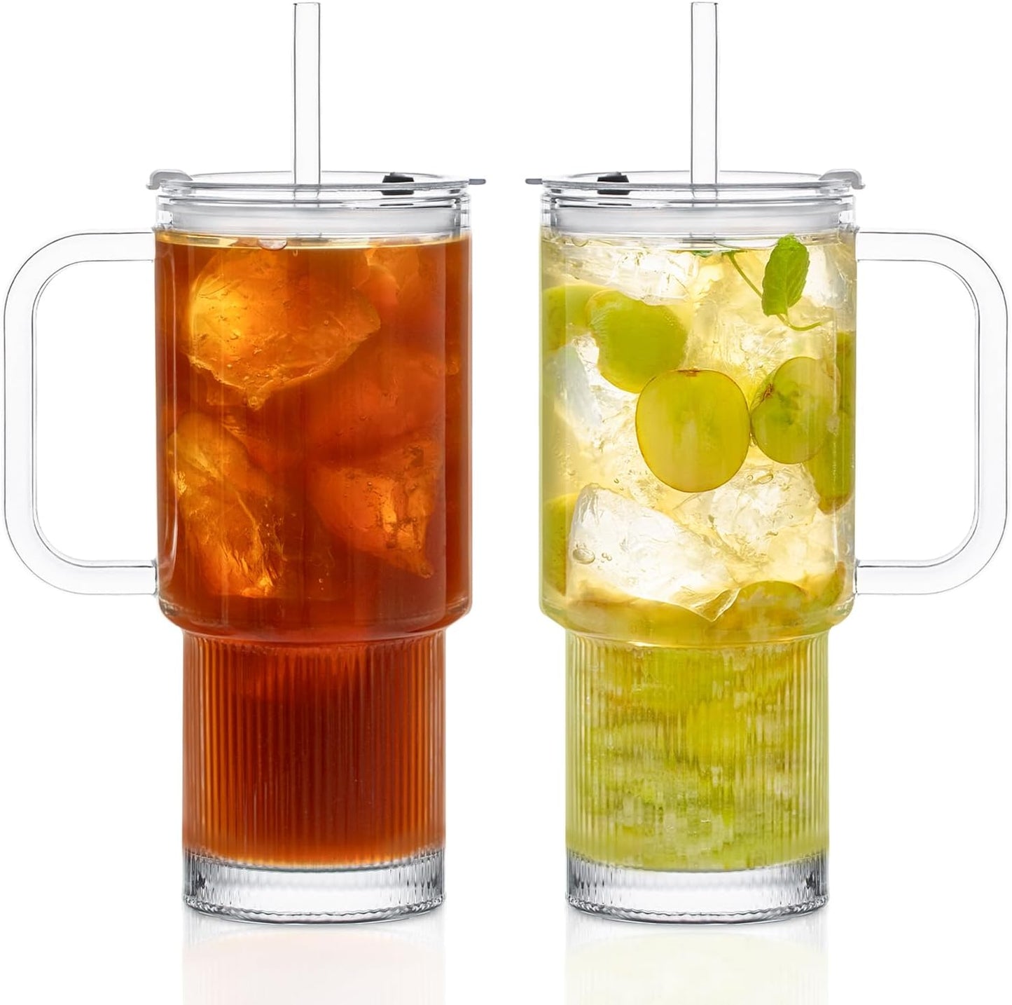 KEMORELA 2-Pack 26oz Ribbed Glass Tumblers with Handle and Lid – Large Aesthetic Iced Coffee Cups with Straws, Modern Textured Glass Mugs for Smoothies, Tea, Juice & Cold Beverages, Dishwasher Safe