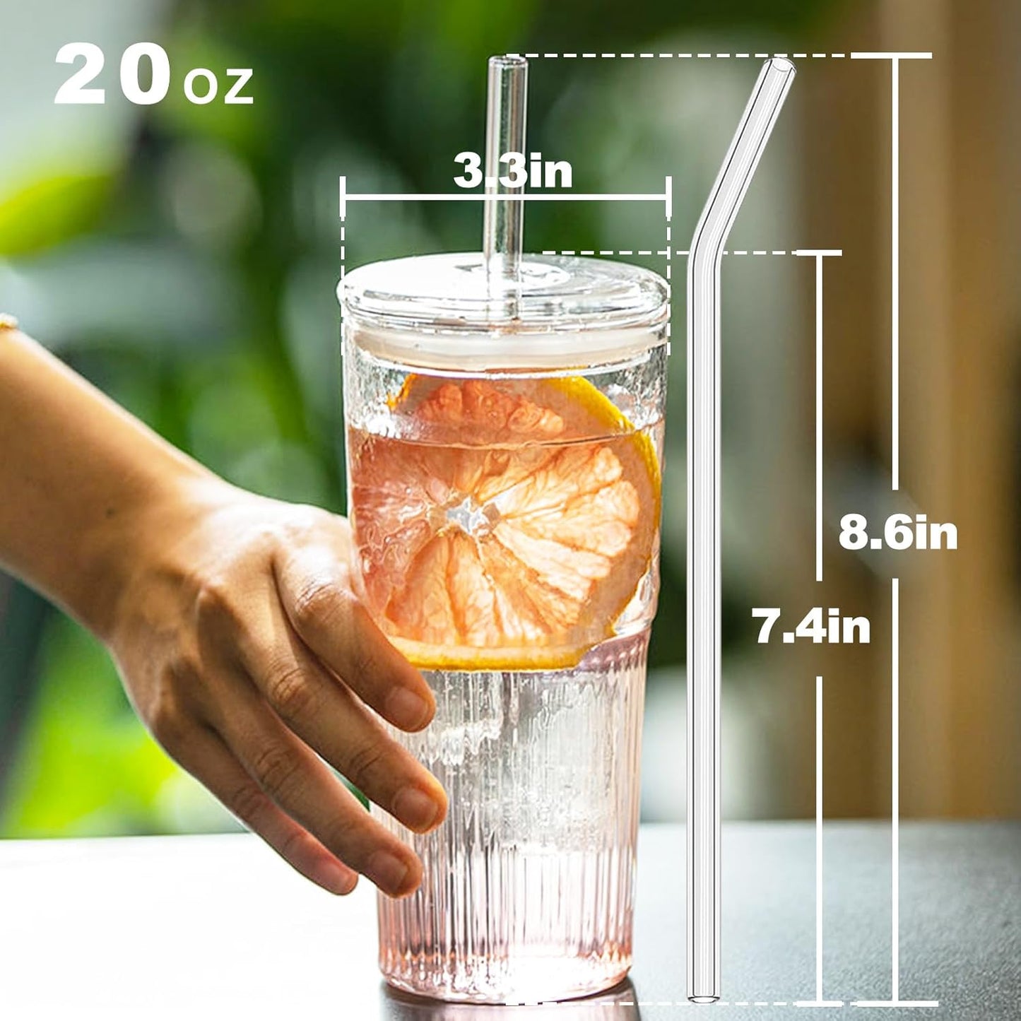 Glass Tumbler with Straw and Lid, 20 OZ Clear Iced Coffee Glasses Cups for Ice Water, Juice, Tea, Milk, Smoothie and Cold or Hot Drinks, Set of 2