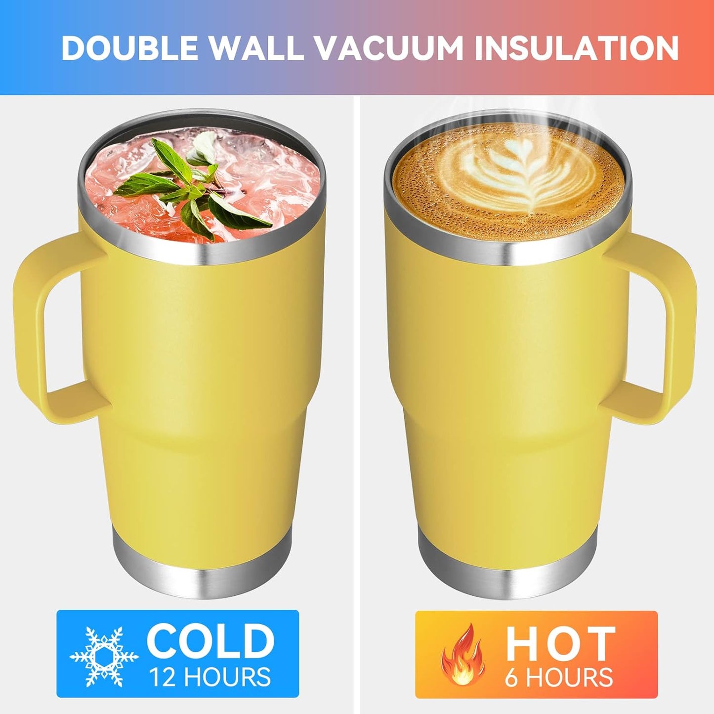 VEGOND 20 oz Tumbler with Handle Lid and Straw, Stainless Steel Insulated Travel Coffee Mug Spill Proof Double Wall Metal Tumbler Cup Keeps Drink Hot and Cold, Yellow 1 Pack