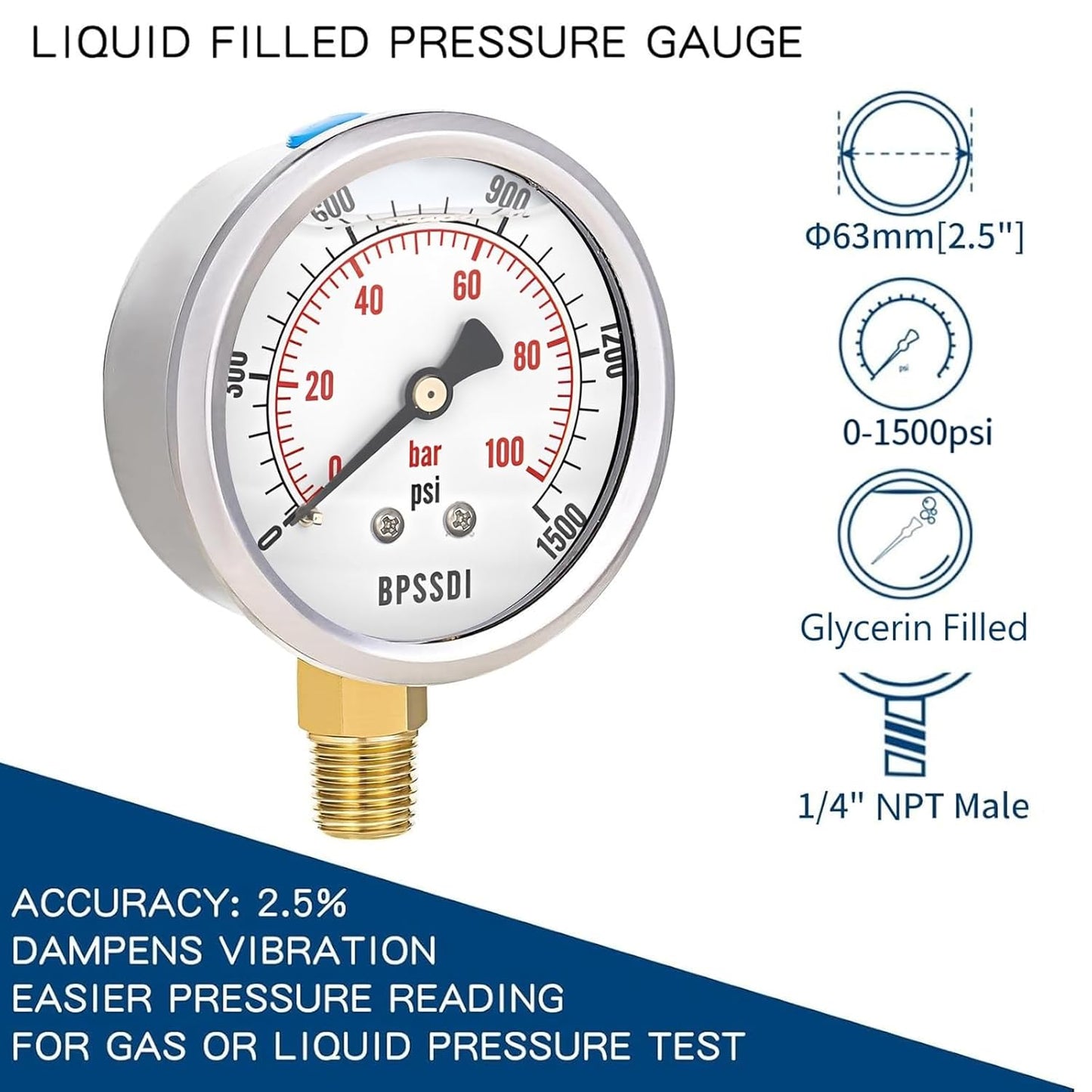 0-1500 Psi Glycerin Liquid Filled Hydraulic Pressure Gauge, 2.5" Dial Size, 1/4" NPT Lower Mount, 304 Stainless Steel Case, for Water Oil Air Gas Pressure Test