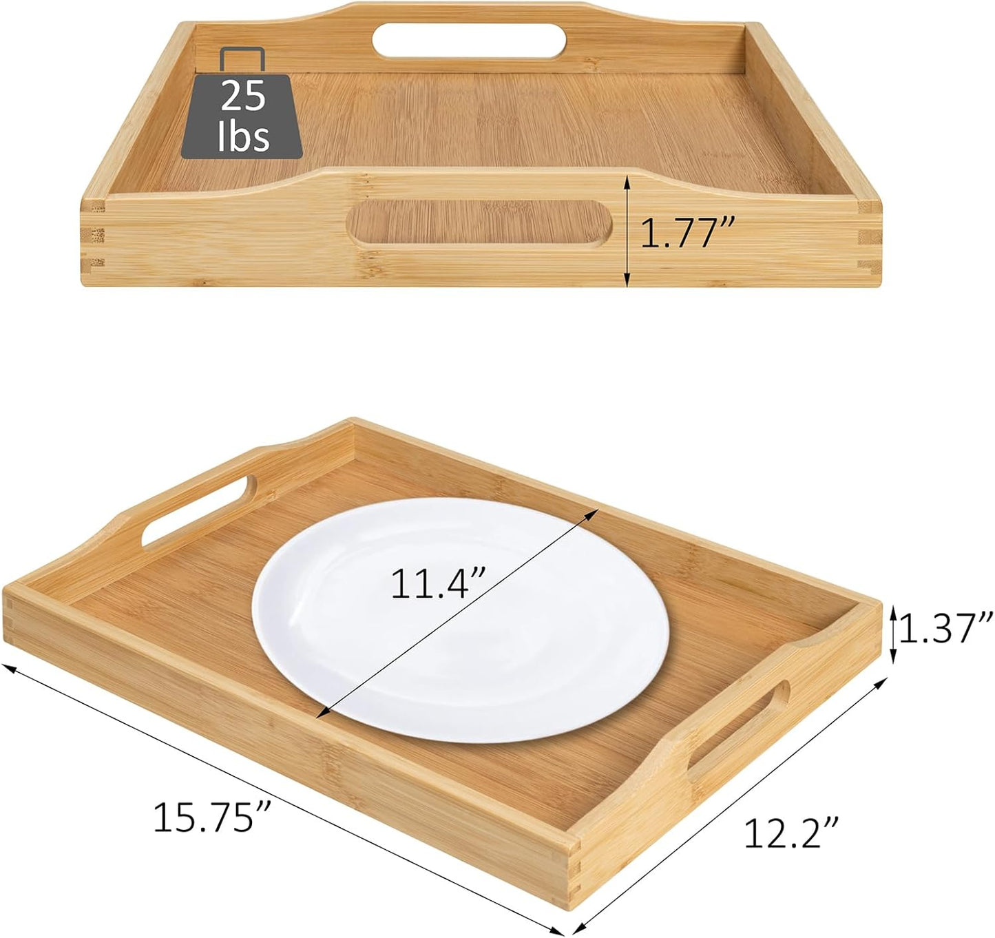 Bamboo Food Serving Tray with Handles, Breakfast Bed Tray for Tea,Snack,Dinner, Home Decorative Storage Food, Platter, Ottoman for Kitchen Counter, Bathroom, Restaurant (Beige)