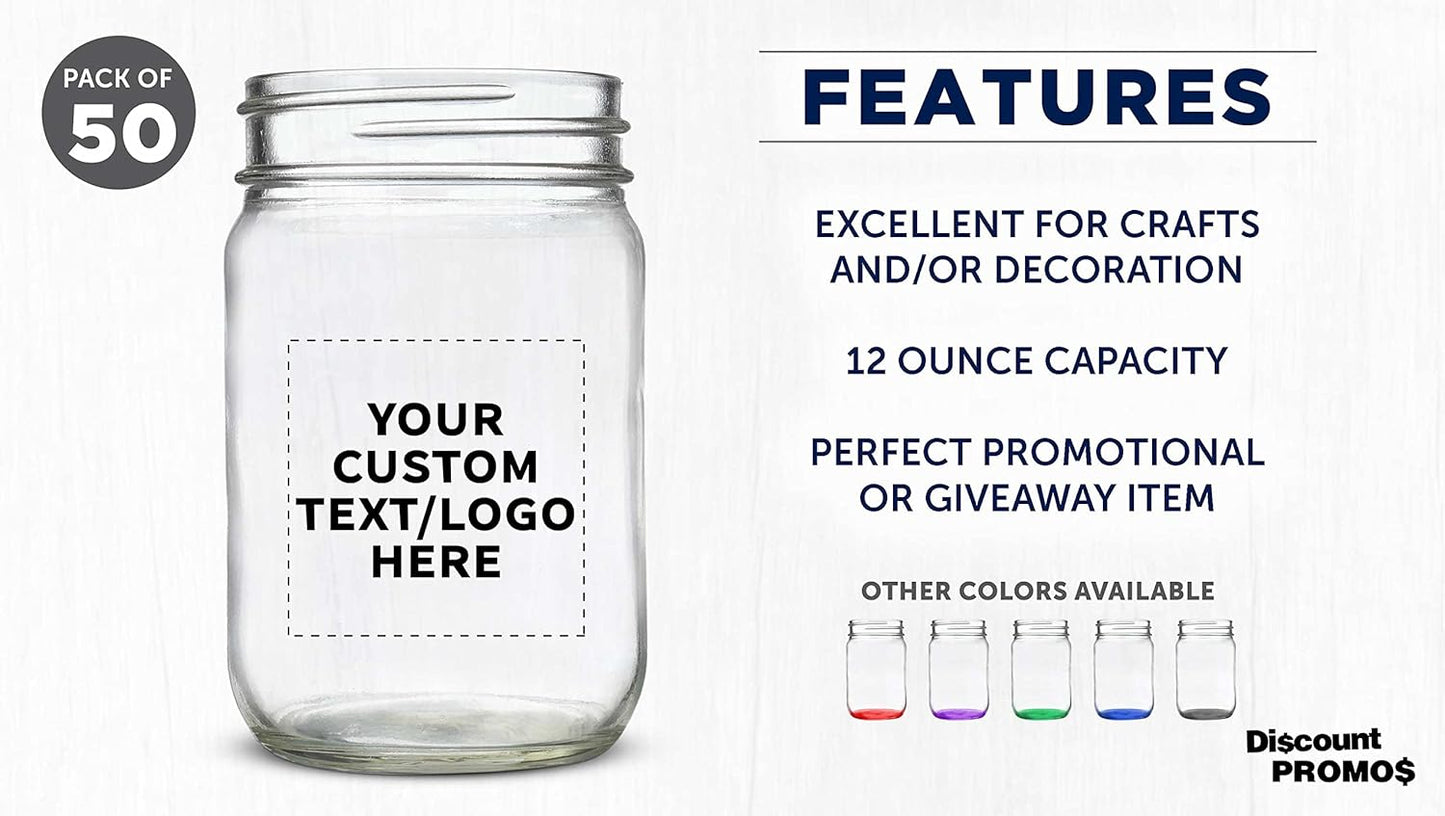 DISCOUNT PROMOS Custom Decorating Mason Jars 12 oz. Set of 50, Personalized Bulk Pack - Glass Jars for Overnight Oats, Candies, Fruits, Pickles, Spices, Beverages - Clear
