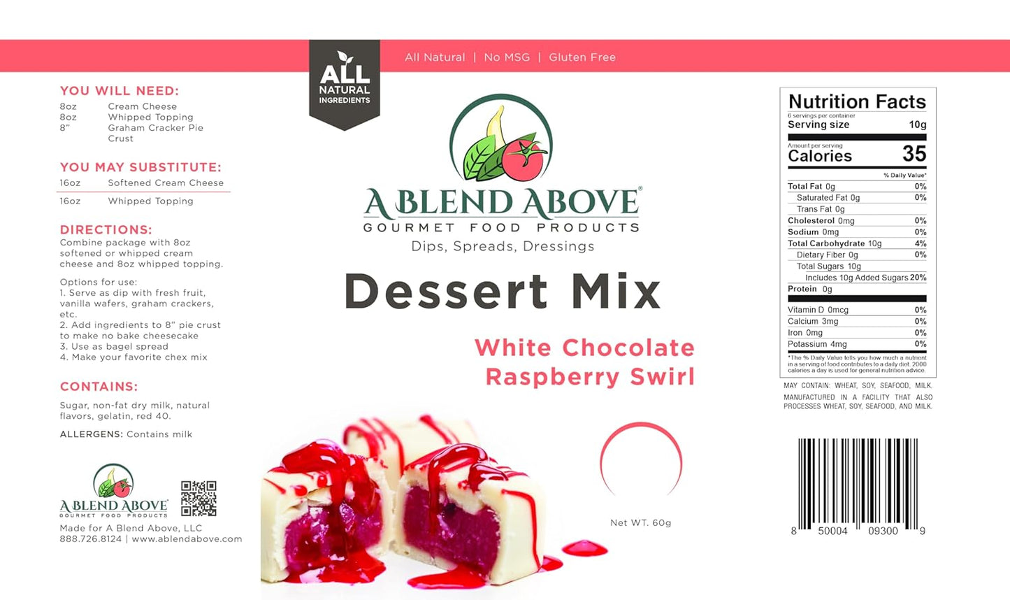 A Blend Above White Chocolate Raspberry Swirl Pie Mix - No-Bake Desserts, All Natural, Vegan, Gluten Free, No MSG - Instant Dessert Mix, Fruit Dip, Bagel Topping, Frosting, Cheesecake Filling - Makes 16 Oz (Pack of 3)