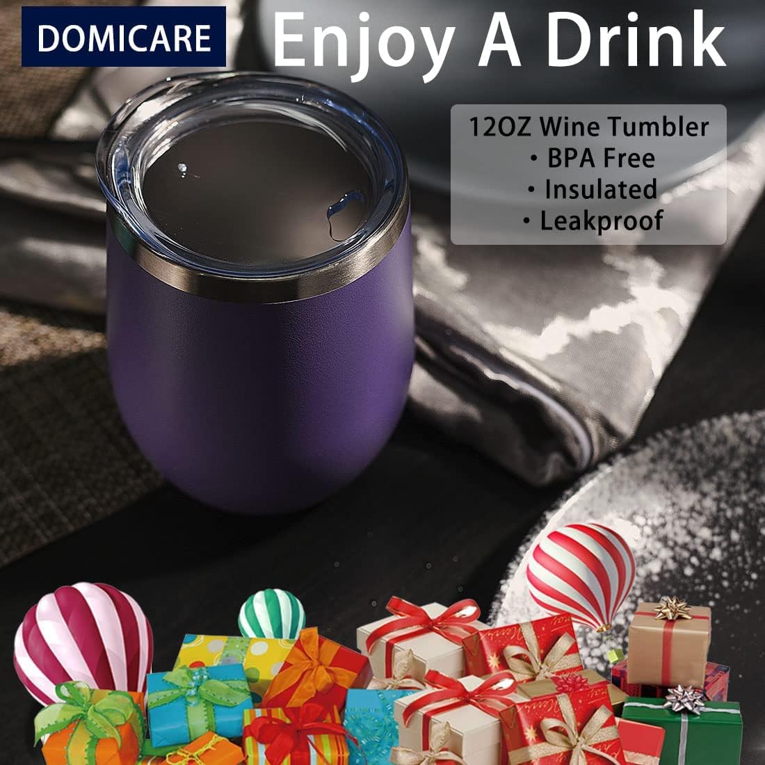DOMICARE Stainless Steel Wine Tumbler Bulk with Lid, Personalized Insulated Tumblers Set, 12oz Travel Coffee Cups Pack of 16, Purple