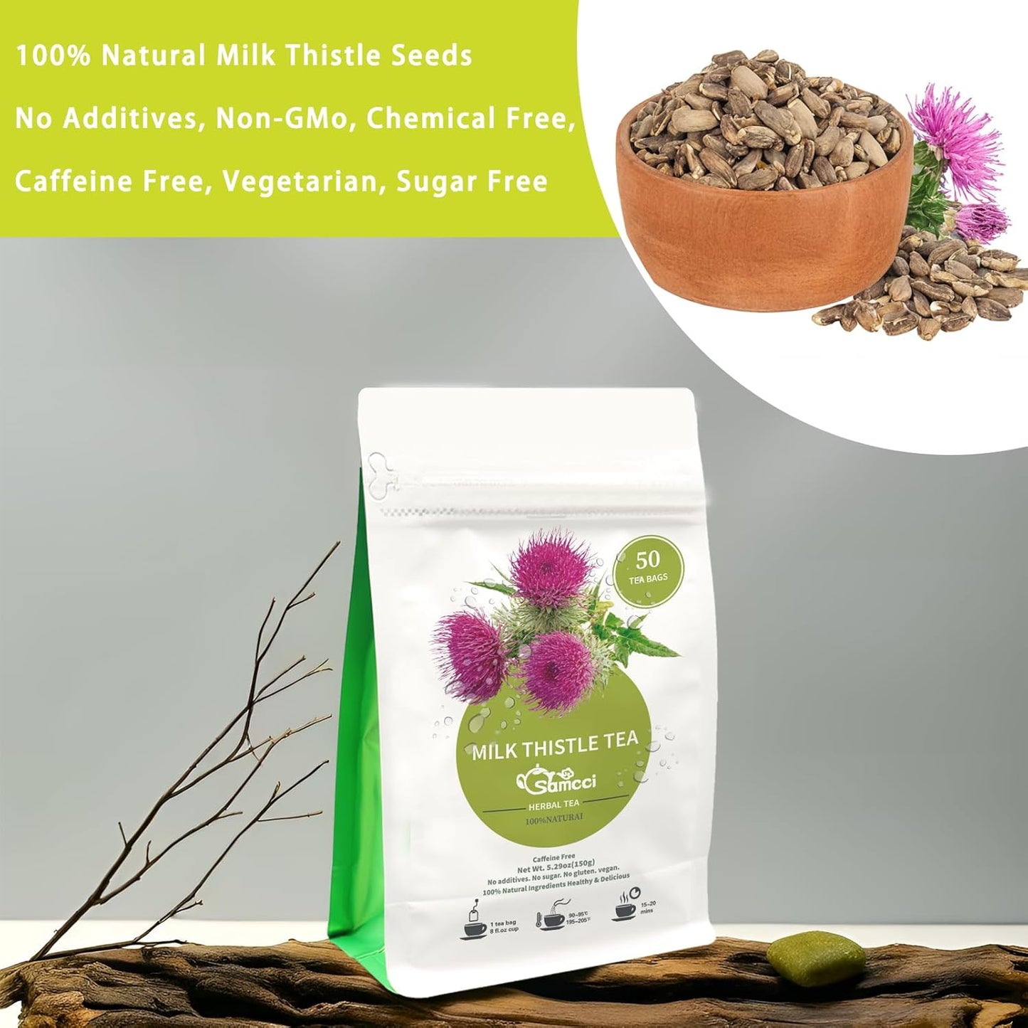 Samcci - Milk Thistle Tea Bags, 50 Teabags, 3g/bag - 100% Natural Milk Thistle Seeds Support Liver Herbal Tea, Caffeine Free - No Additives - No Sugar - Non-GMO - No Gluten
