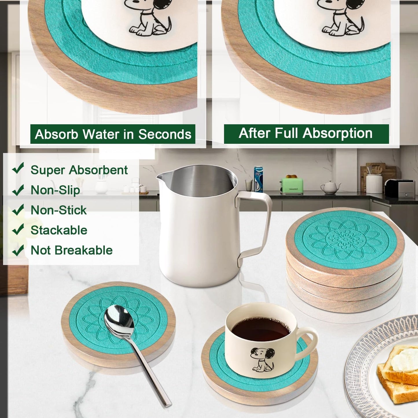 Wood Coasters for Drinks, Minacun Absorbent Coaster Sets of 5, Drinks Coasters for Coffee Tabletop Protection, Non-Slip, Non-Stick, Suitable for Kinds of Cups Wooden Table Drink, 4.3 Inches Lake Blue