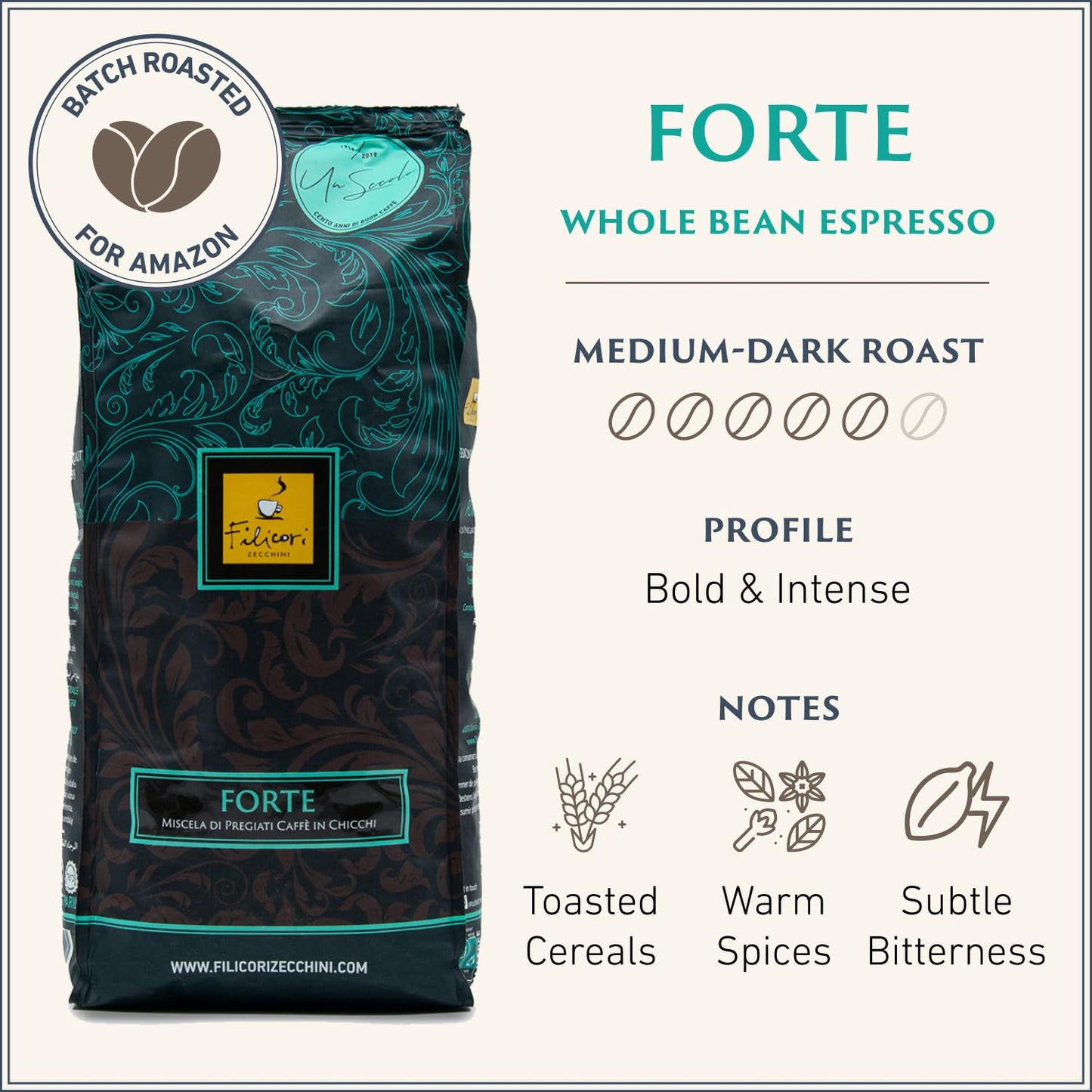 Filicori Zecchini Italian Espresso Beans – Whole Bean Coffee, Bold Dark Roast Arabica & Robusta Blend Roasted in Bologna – Slow Roasted Forte 340g