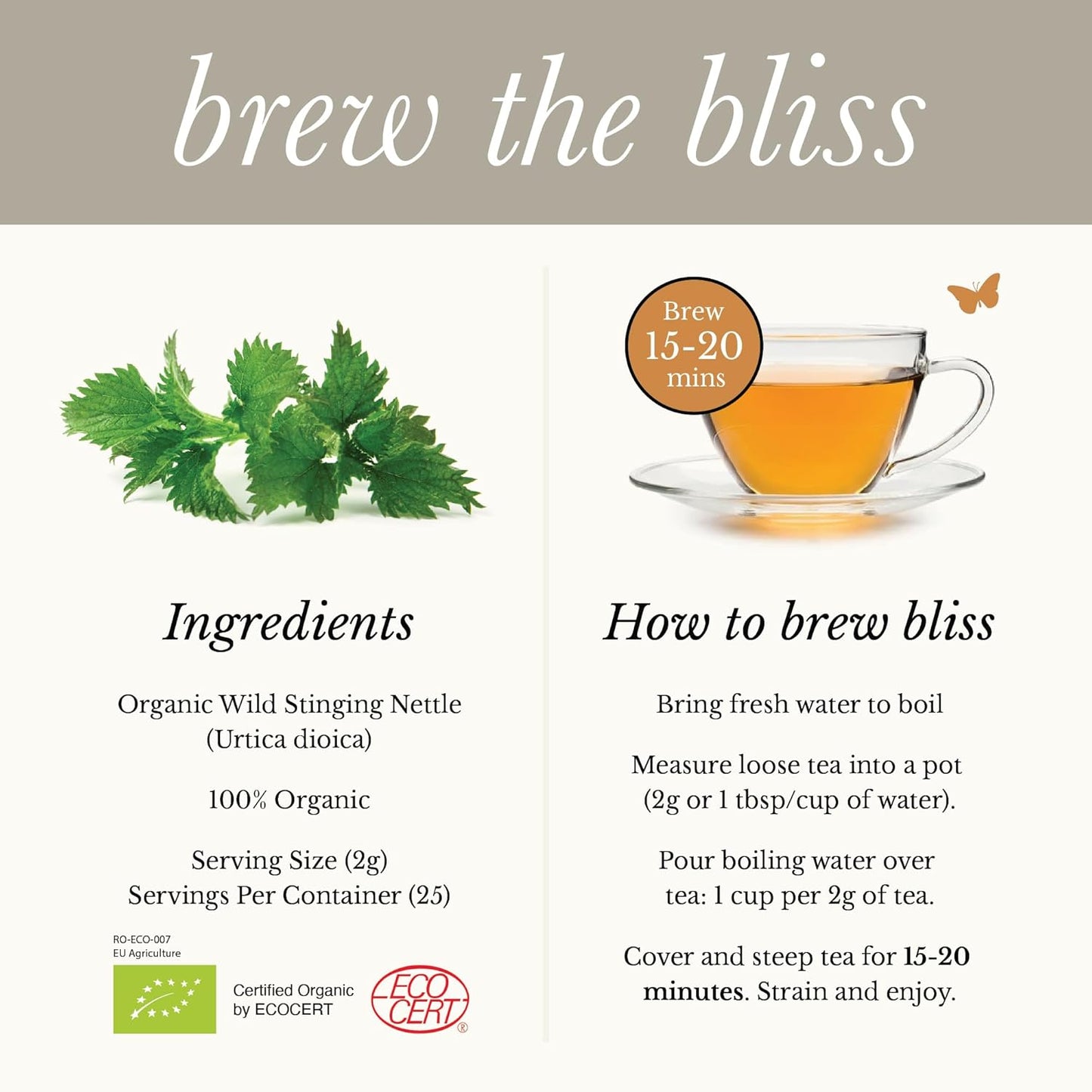 Wild Bliss Organic Wild Stinging Nettle Leaf Tea - Caffeine Free Loose Leaf Herbal Tea - 1.76 Oz - 25 Servings