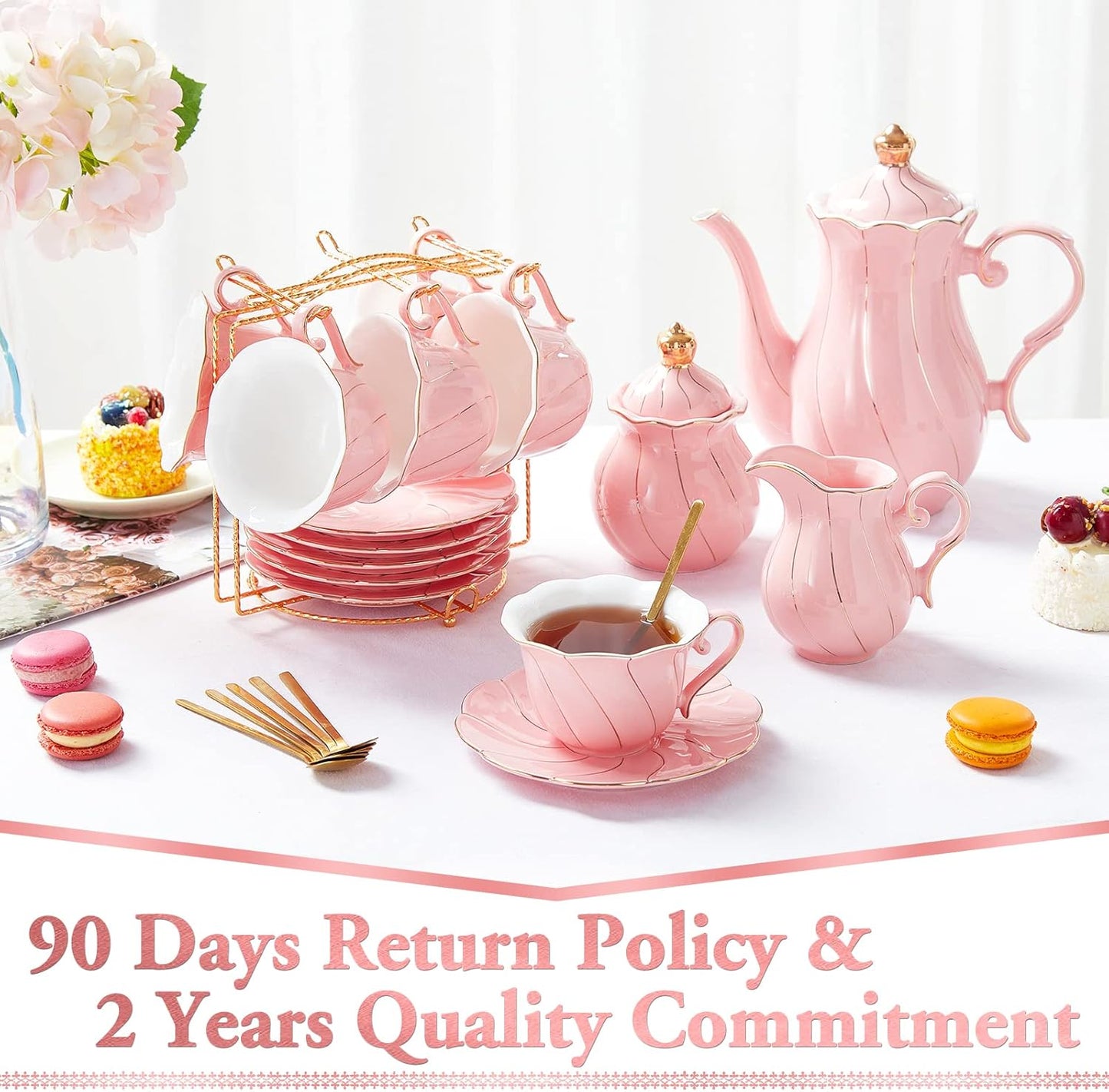 DUJUST 22 pcs Porcelain Tea Set for 6, Luxury British Style Tea/Coffee Cup Set with Golden Trim, Beautiful Tea Set for Women, Tea Party Set, Gift Package (With a Stand) - Pink