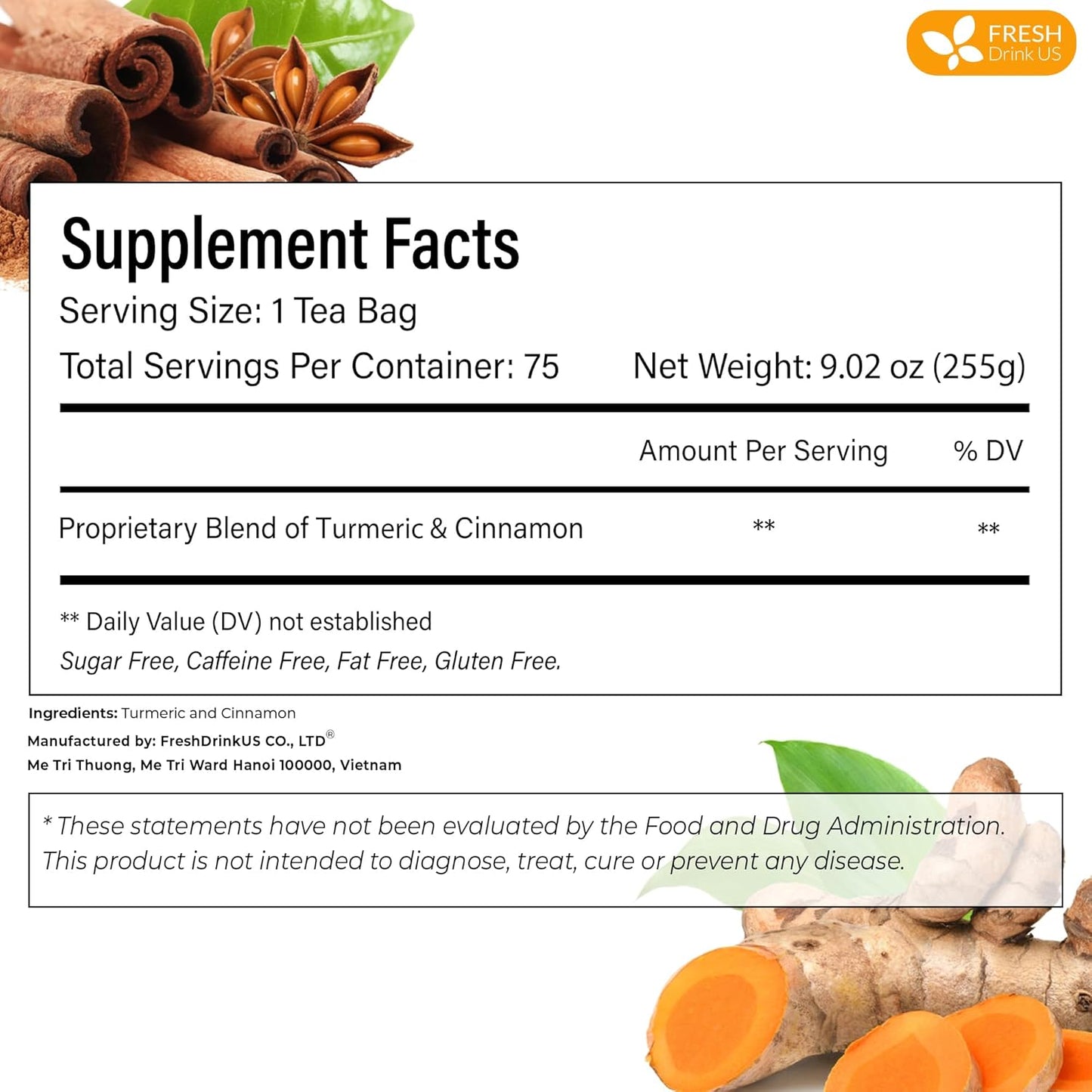 FreshDrinkUS, Premium 135 Turmeric Cinnamon Tea Bags, 100% Natural, Blend of Turmeric, and Cinnamon. Made with Natural Material Tea Bags. No Sugar. No Caffeine. Vegan.