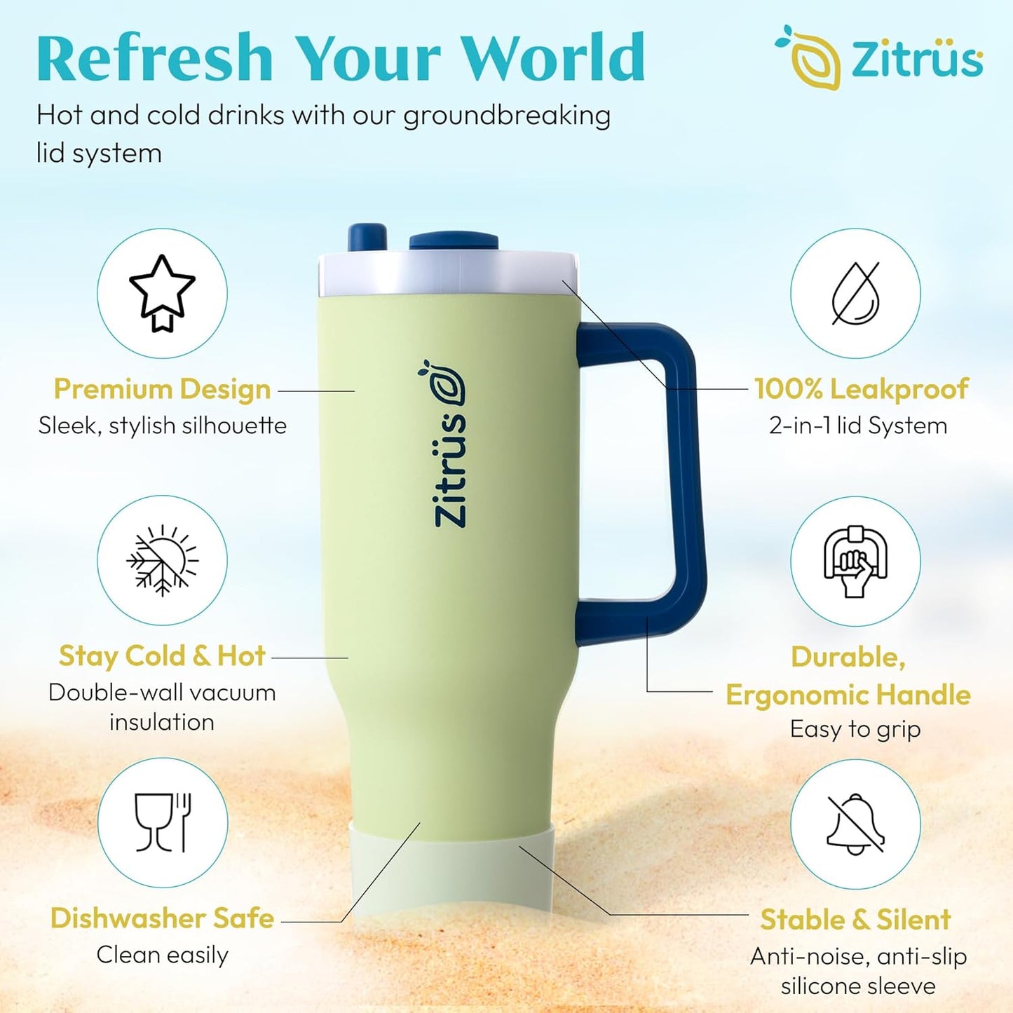 40 oz Tumbler with Handle and Straw | Leak Proof Insulated Stainless Steel Water Bottle Travel Mug Fits in Cup Holder | Keeps Cold Hot | Gifts for Women Men Him Her (Pastel Green, 40 oz)